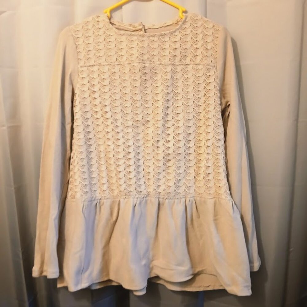 Vintage Drop waist Flounce Crochet Lace Dressy Knit top S Beige Peach  long slv